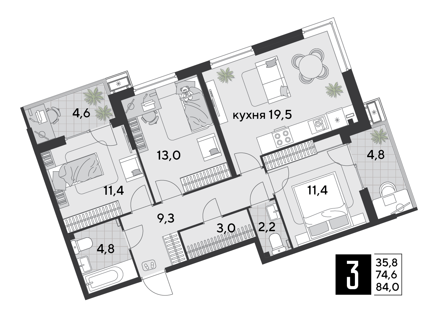 Планировка 3-комнатная 85,2 м²