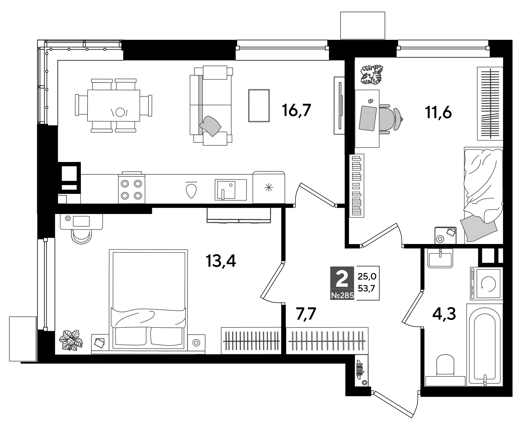 Планировка 2-комнатная 53,7 м²