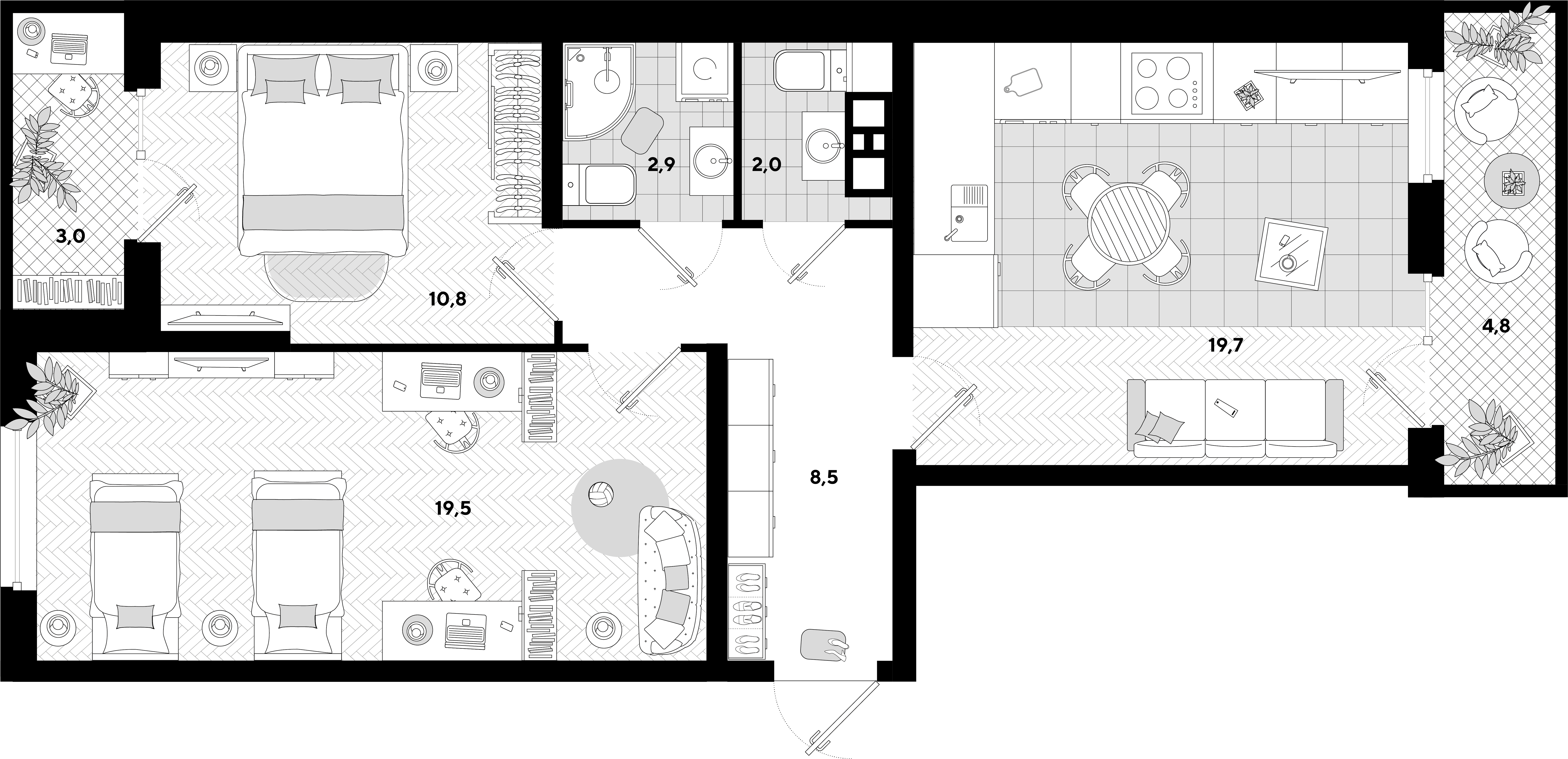 Планировка 2-комнатная 68,45 м²