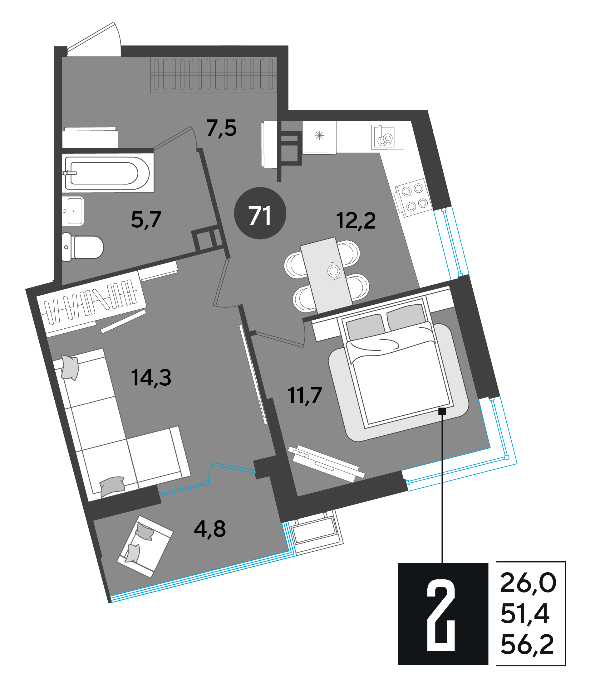 Планировка: 2-комн. квартира 56,2 м²
