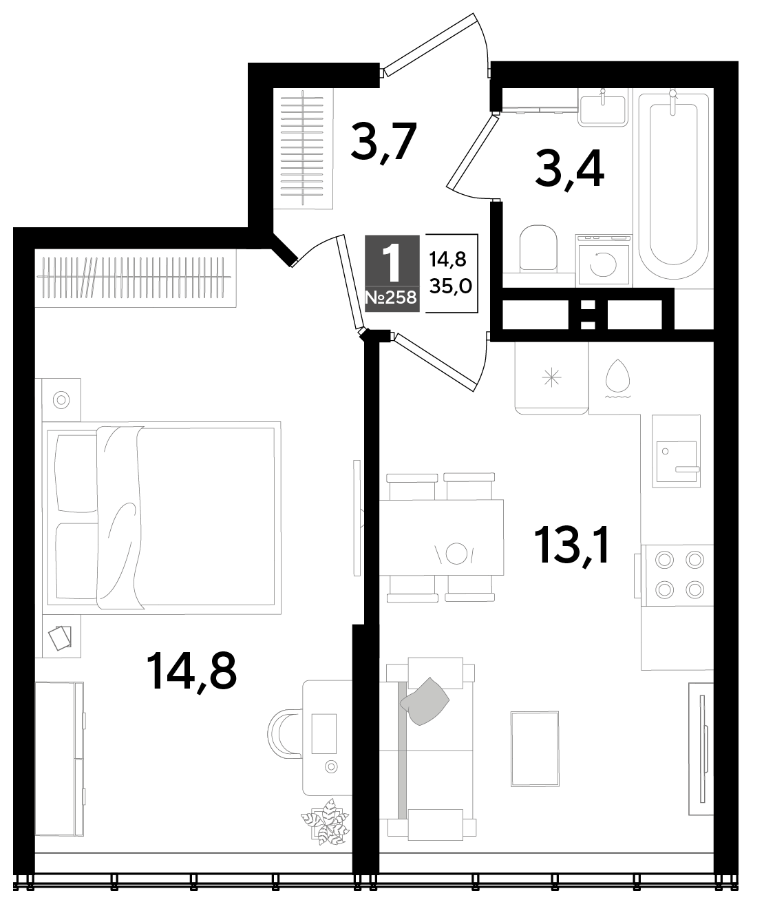 Планировка: 1-комн. квартира 35 м²