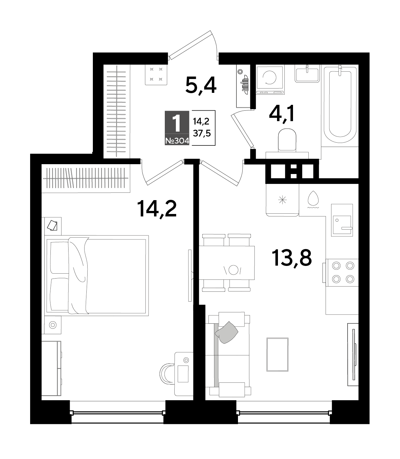 Планировка 1-комнатная 37,5 м²