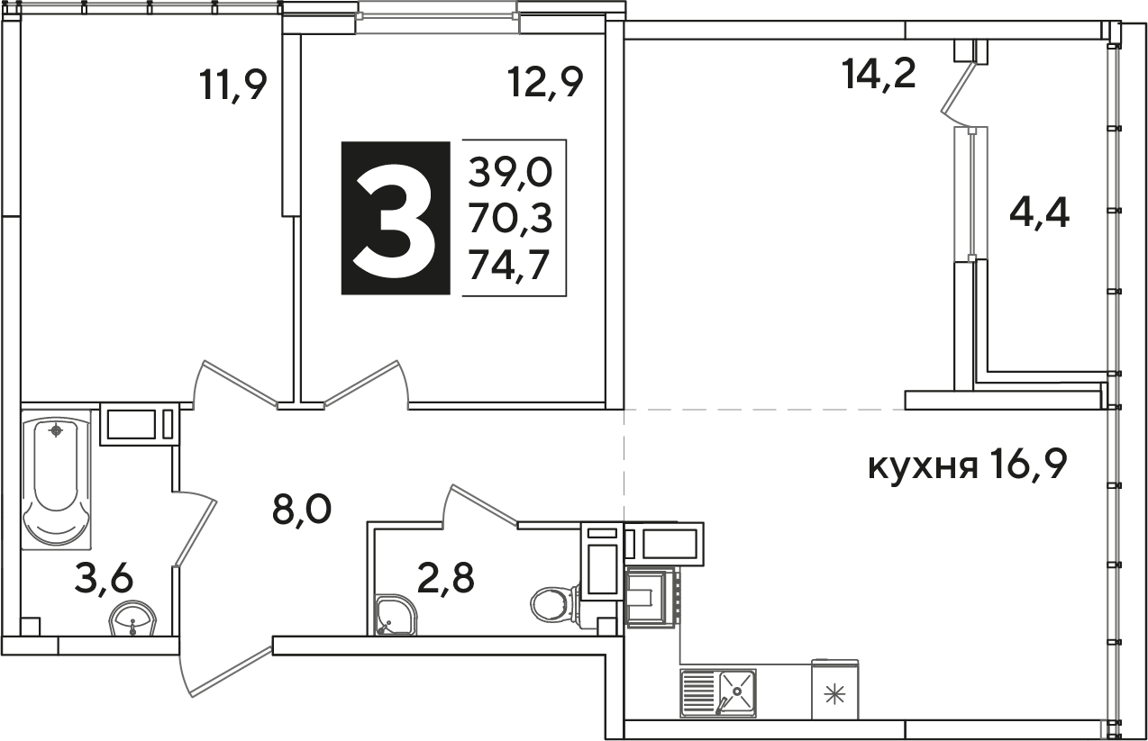 Планировка: 3-комн. квартира 74,7 м²