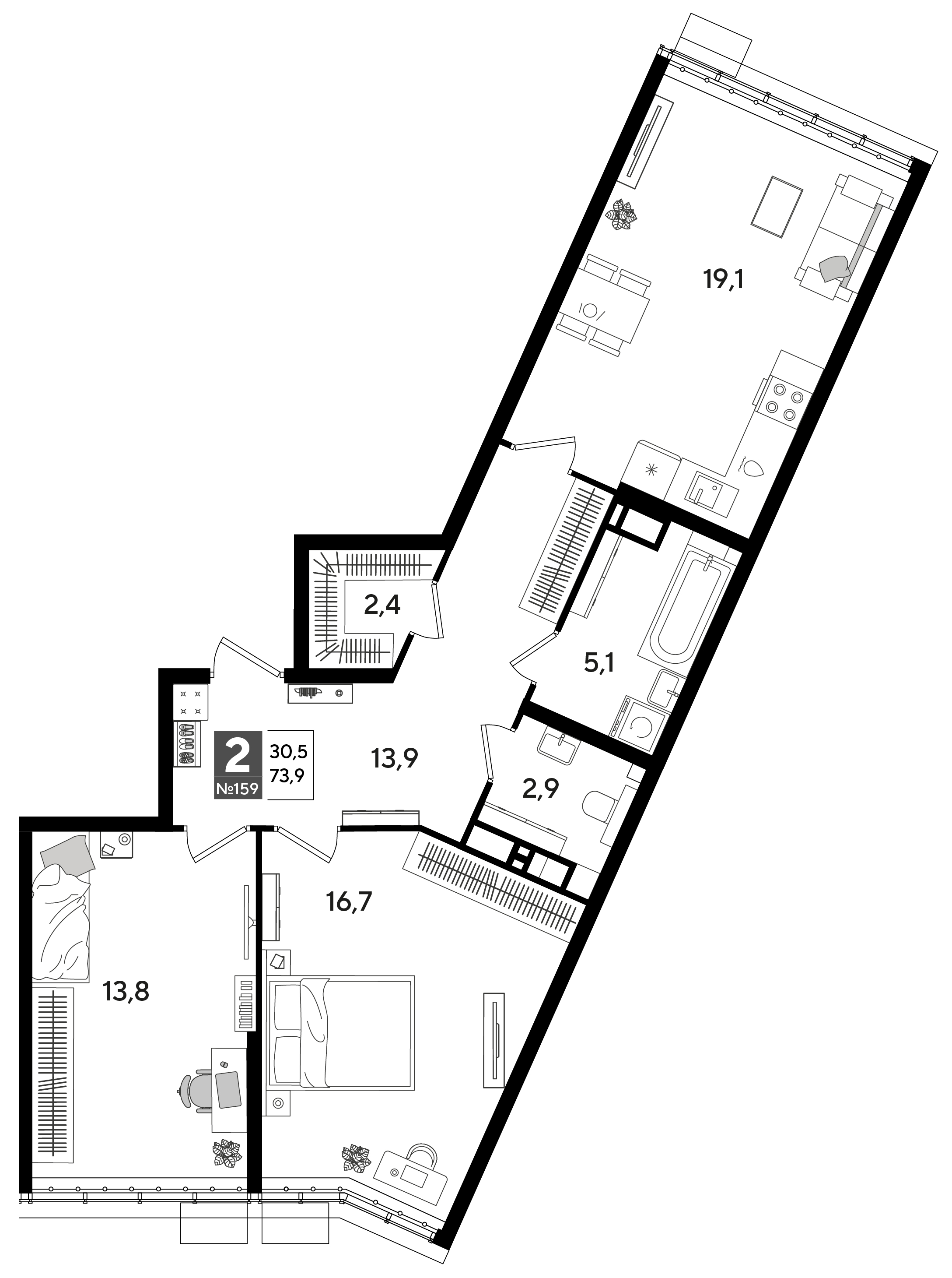 Планировка: 2-комн. квартира 73,9 м²