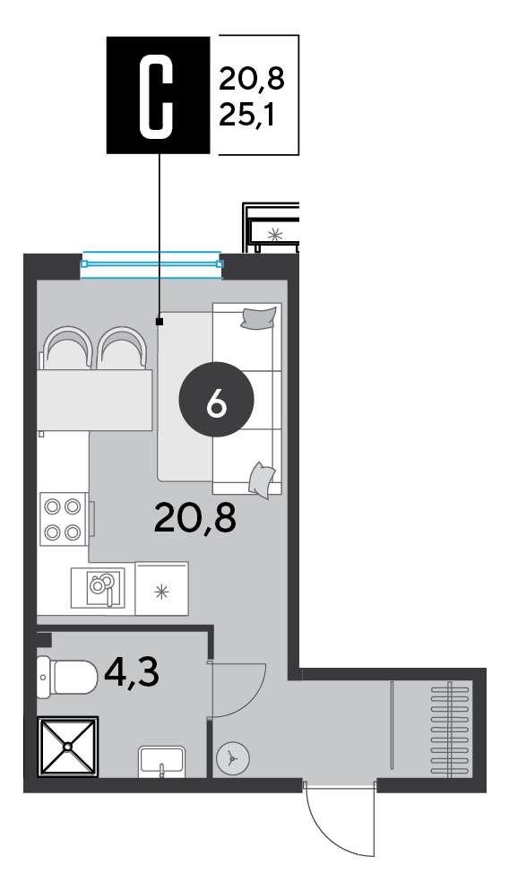 Планировка Студия 25,1 м²
