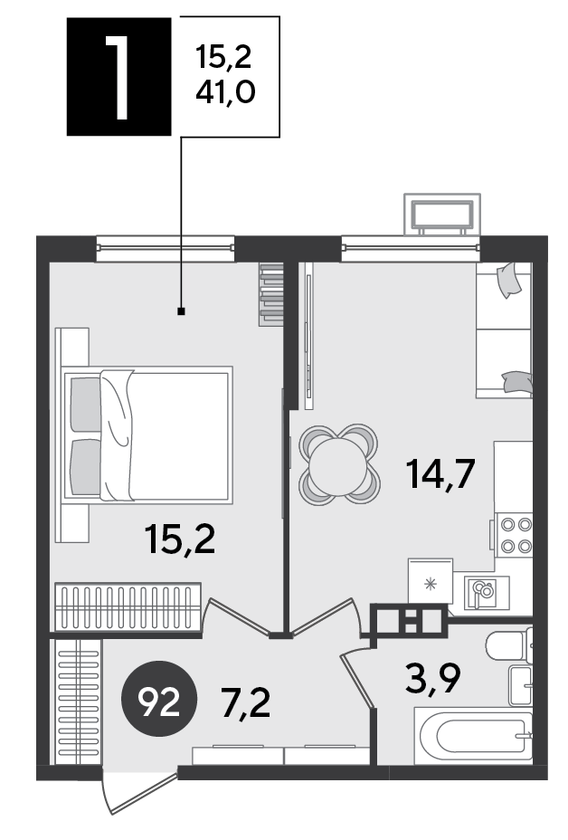 Планировка 1-комнатная 41 м²