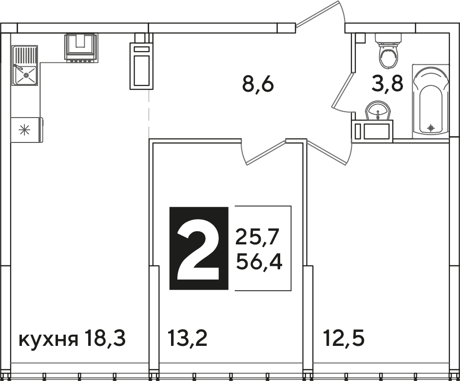 Планировка: 2-комн. квартира 56,4 м²