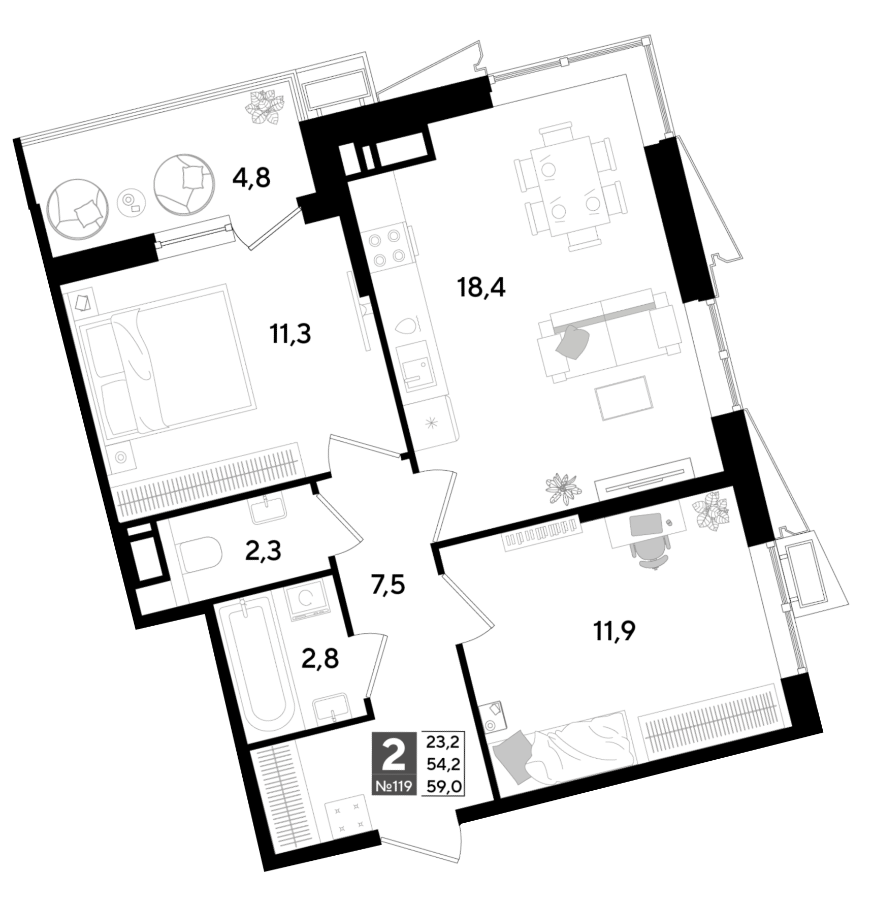 Планировка: 2-комн. квартира 59,6 м²