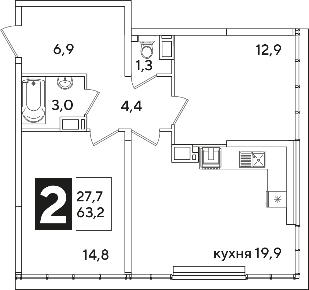 Планировка: 2-комн. квартира 63,2 м²