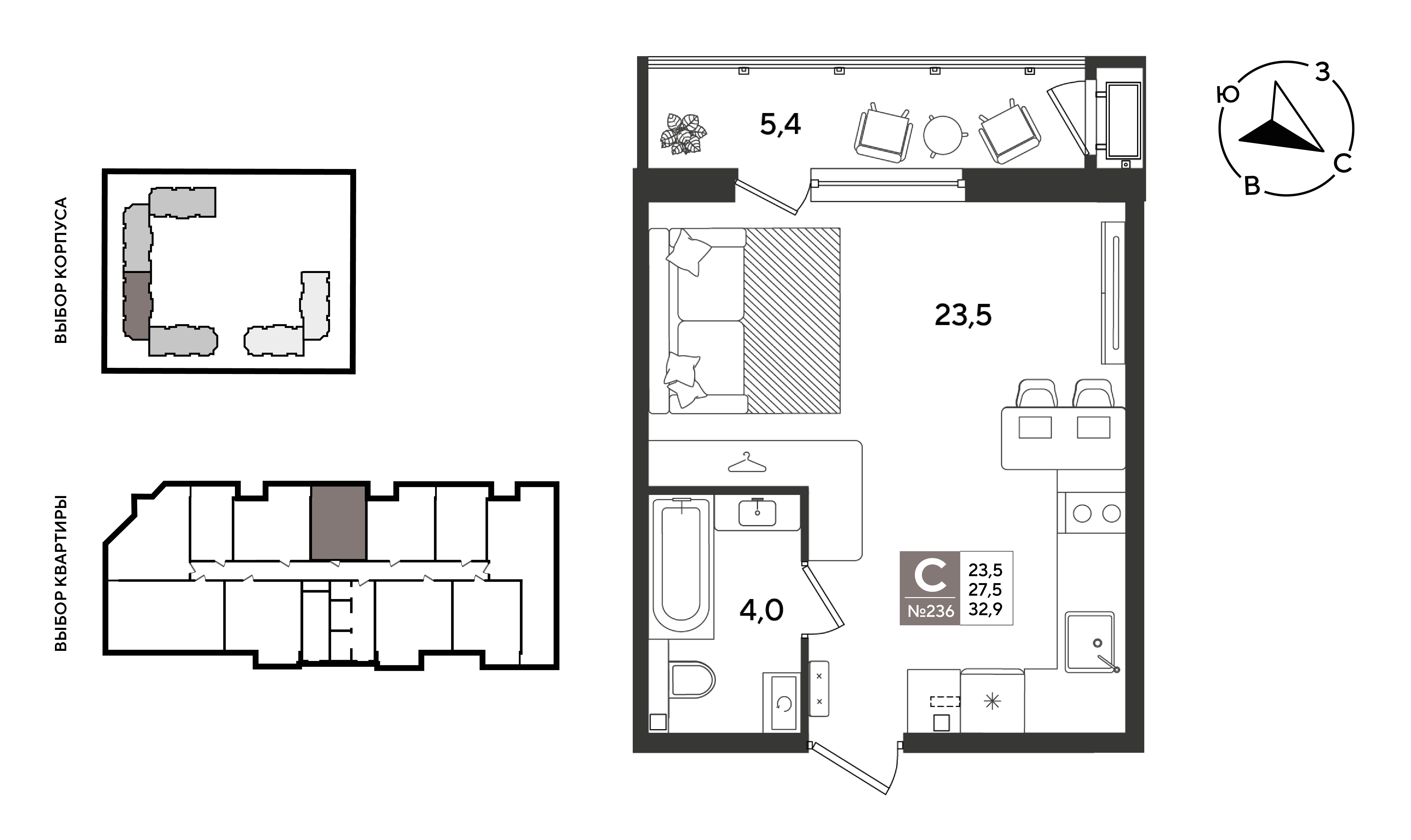 Планировка: Студия 32,9 м²