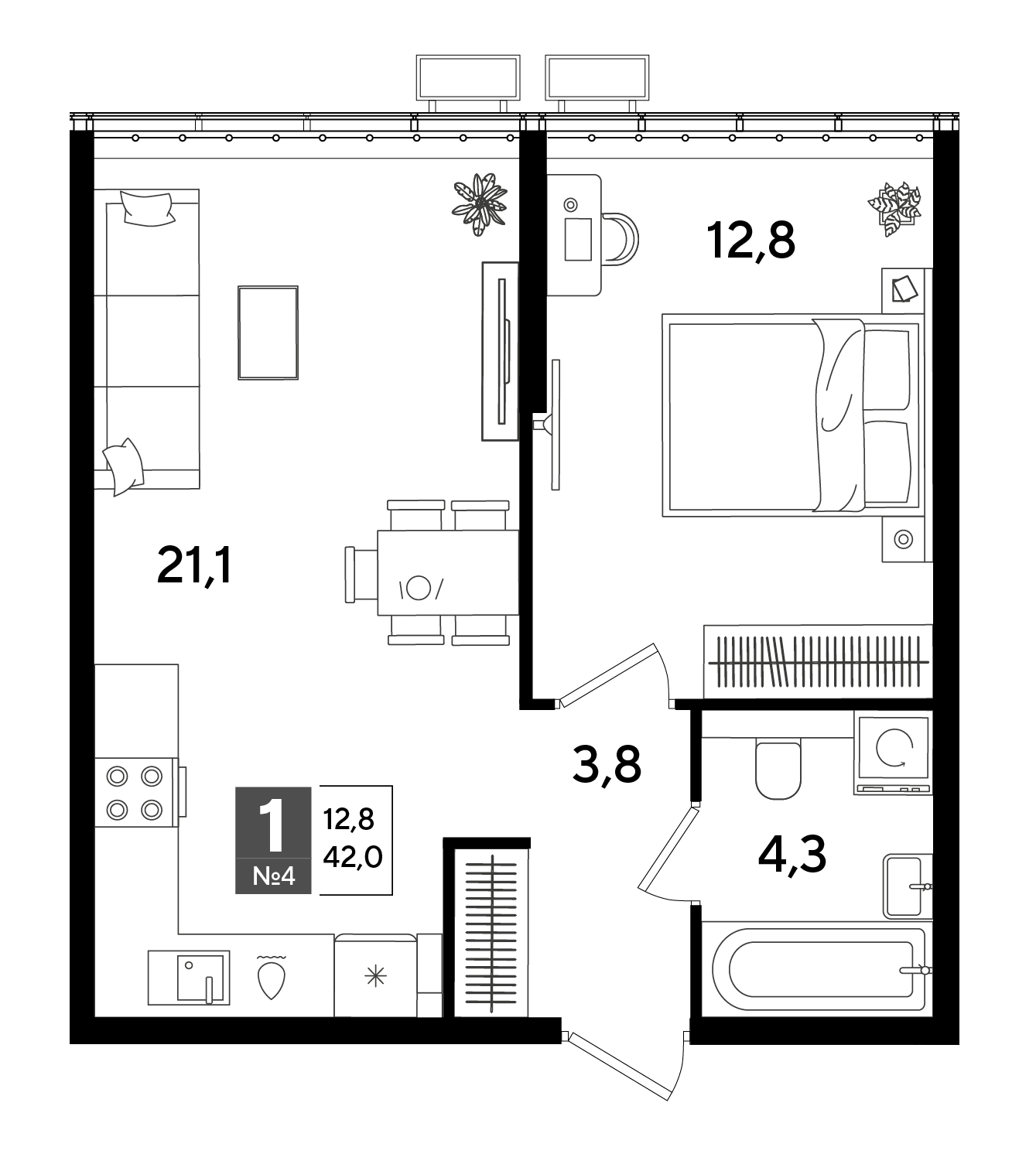 Планировка 1-комнатная 42 м²
