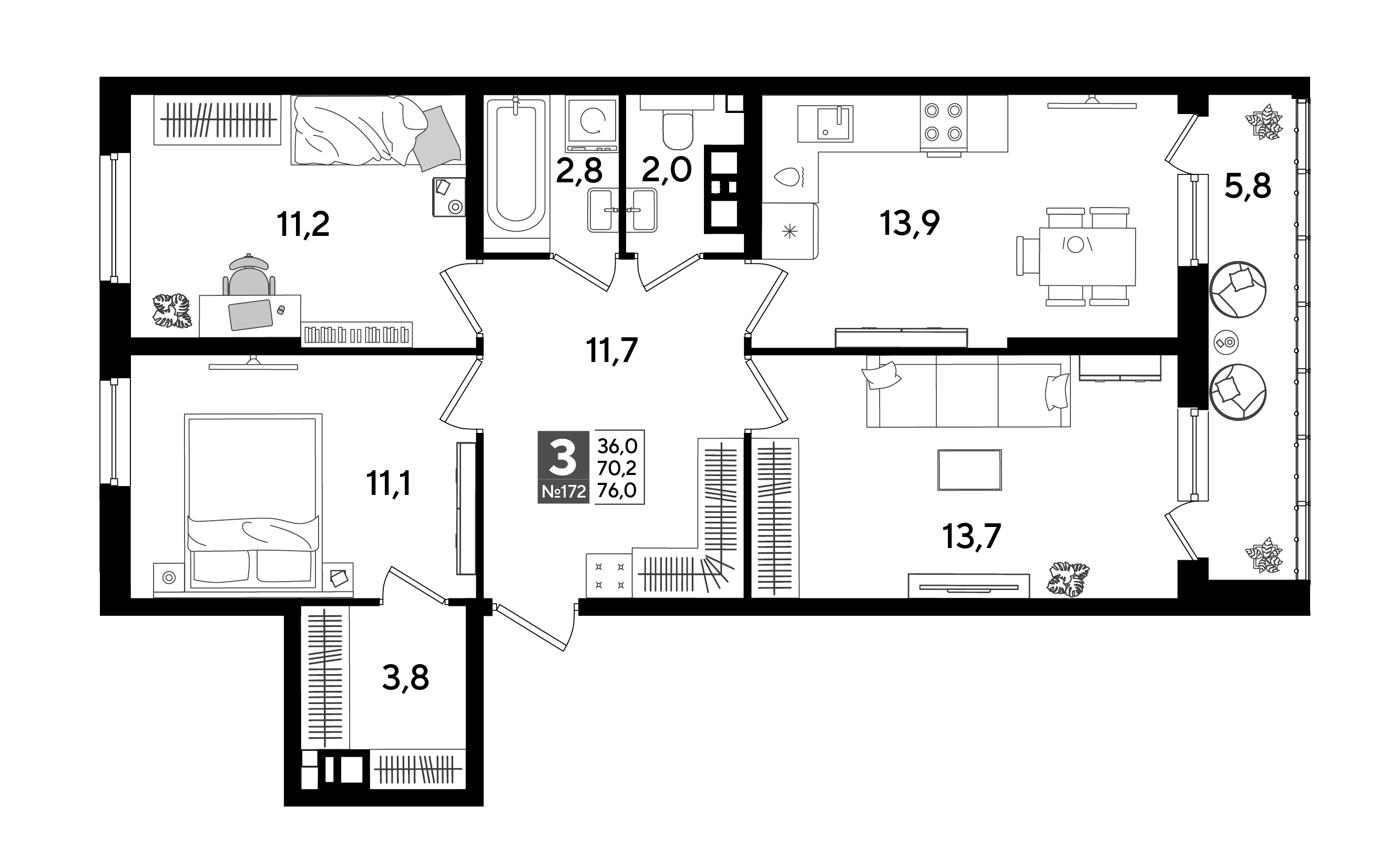 Планировка: 3-комн. квартира 76 м²