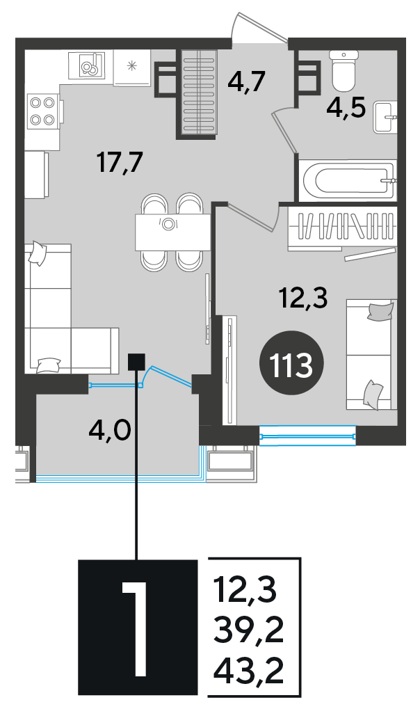 Планировка: 1-комн. квартира 43,2 м²