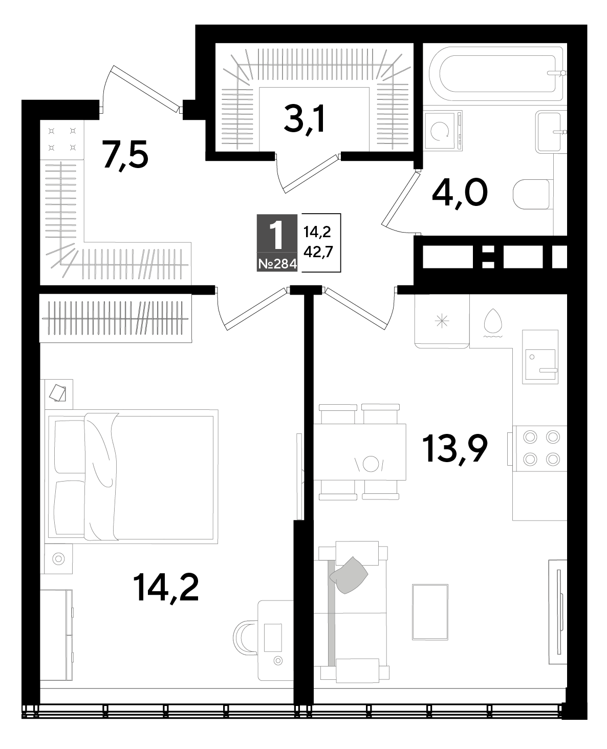 Планировка: 1-комн. квартира 42,7 м²