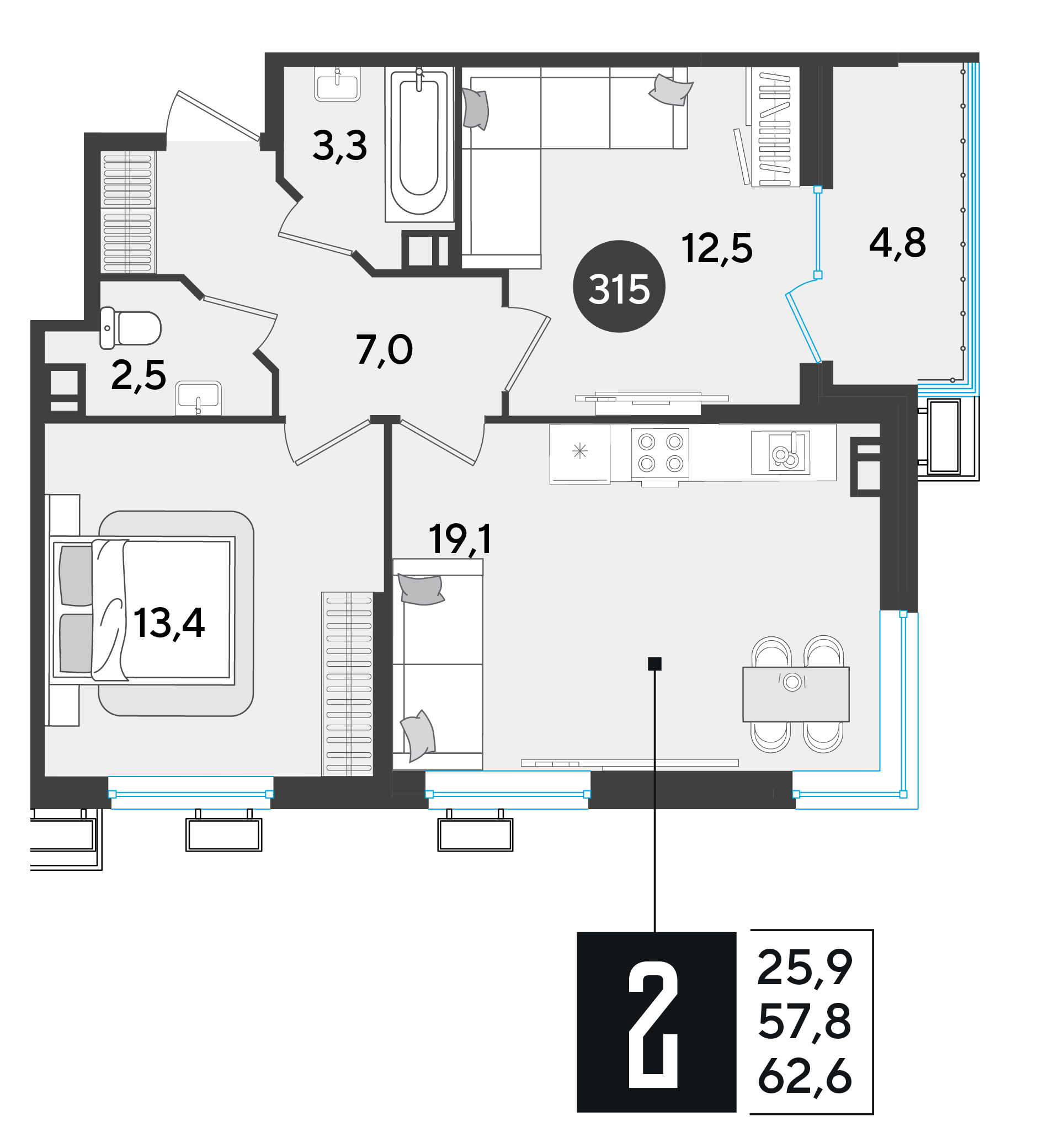 Планировка: 2-комн. квартира 62,6 м²