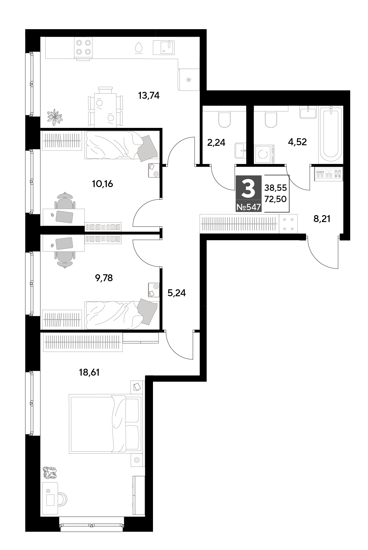 Планировка 3-комнатная 72,5 м²
