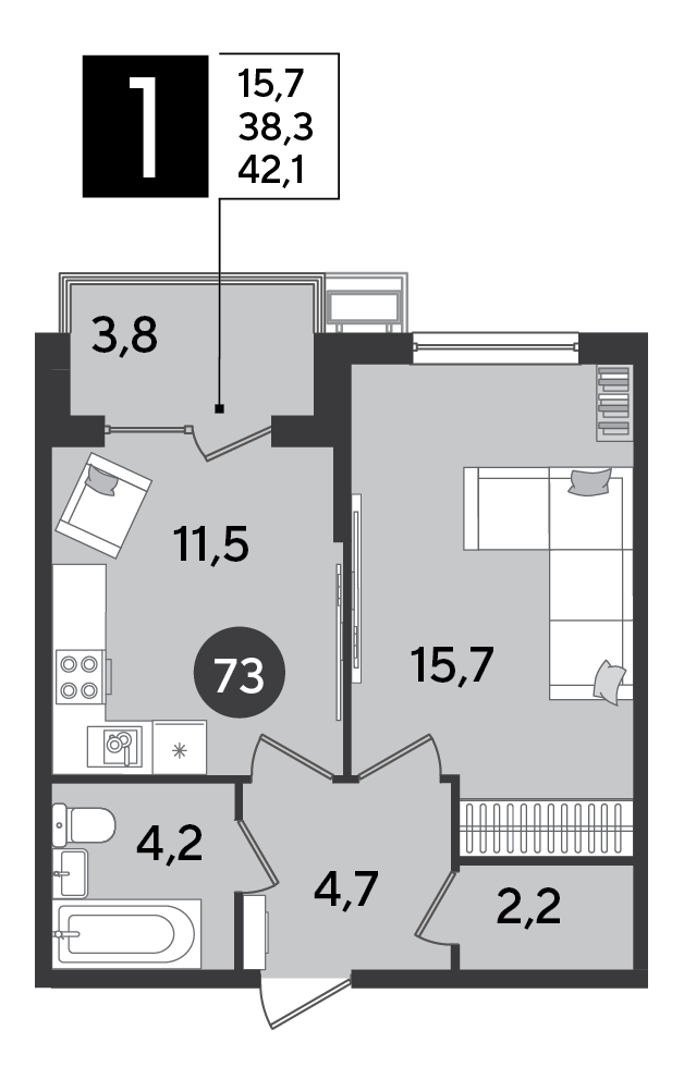 Планировка 1-комнатная 42,1 м²