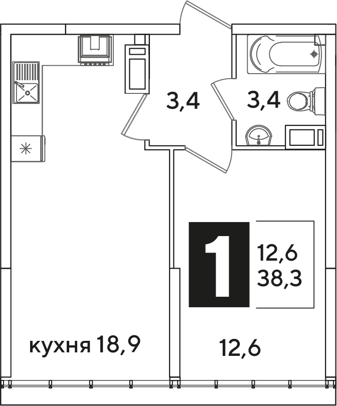 Планировка: 1-комн. квартира 38,3 м²