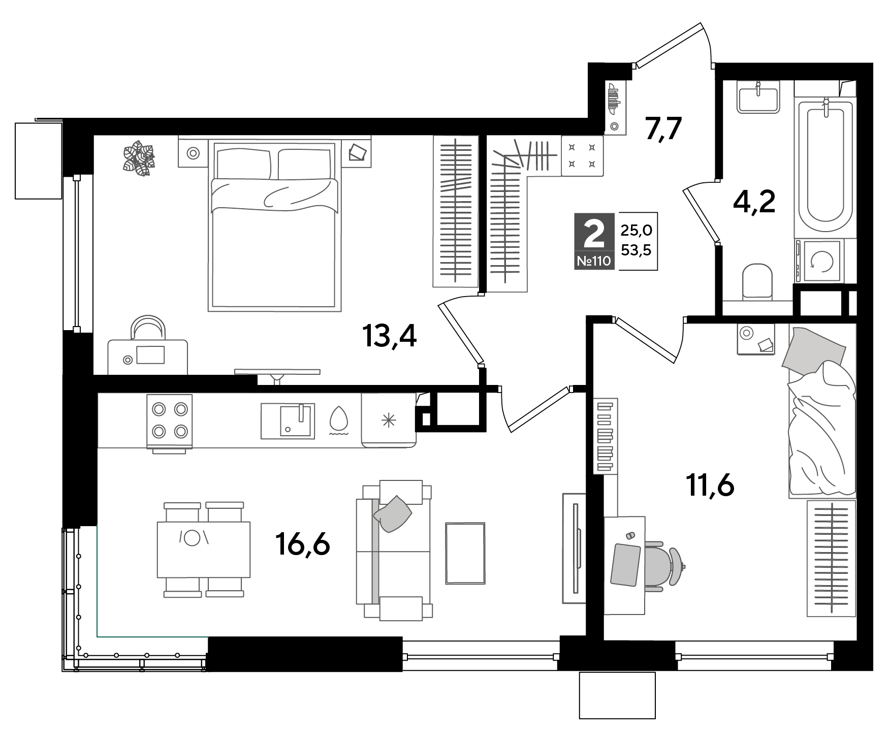 Планировка: 2-комн. квартира 53,5 м²