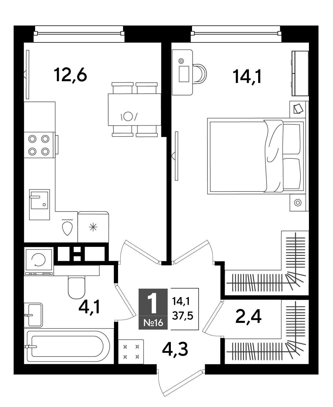 Планировка 1-комнатная 37,5 м²