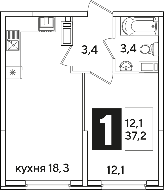 Планировка: 1-комн. квартира 37,2 м²