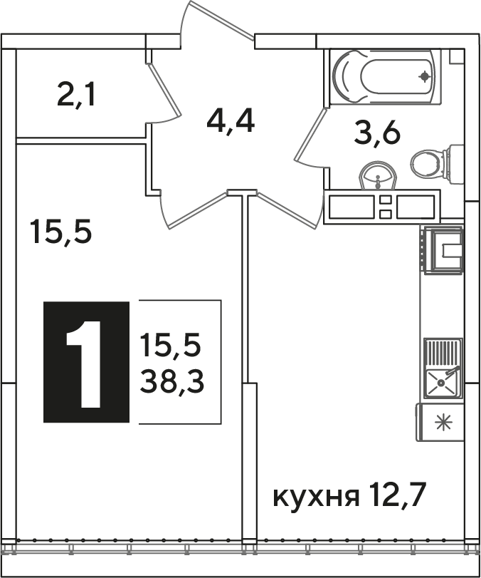 Планировка: 1-комн. квартира 38,3 м²