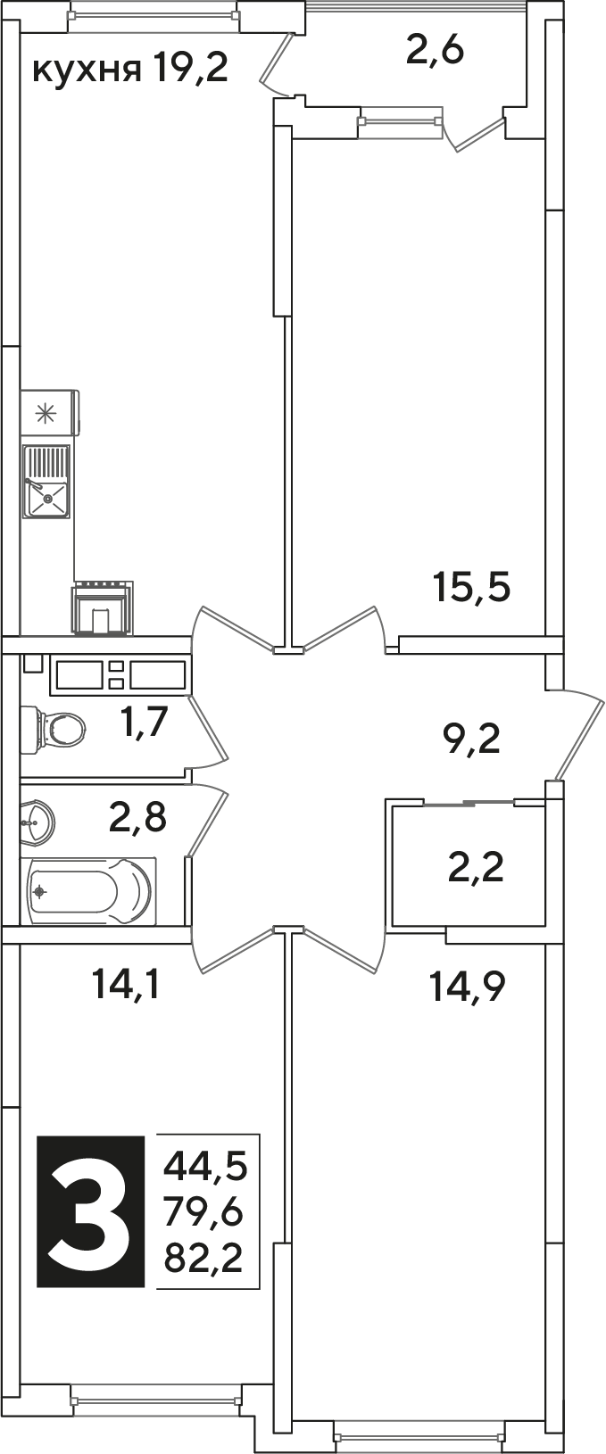Планировка: 3-комн. квартира 82,2 м²