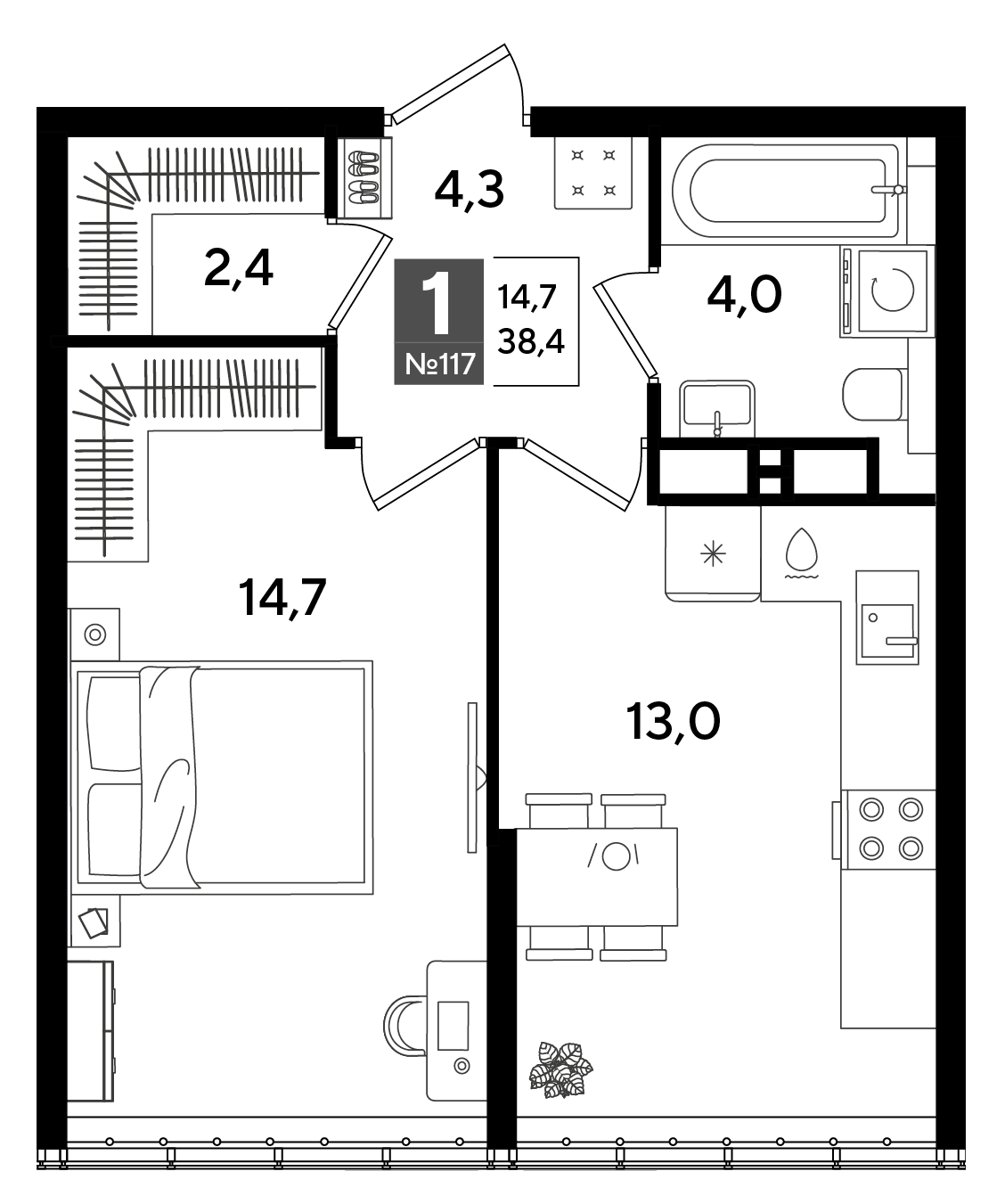 Планировка: 1-комн. квартира 38,4 м²