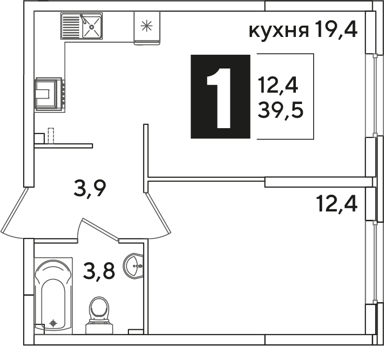 Планировка: 1-комн. квартира 39,5 м²