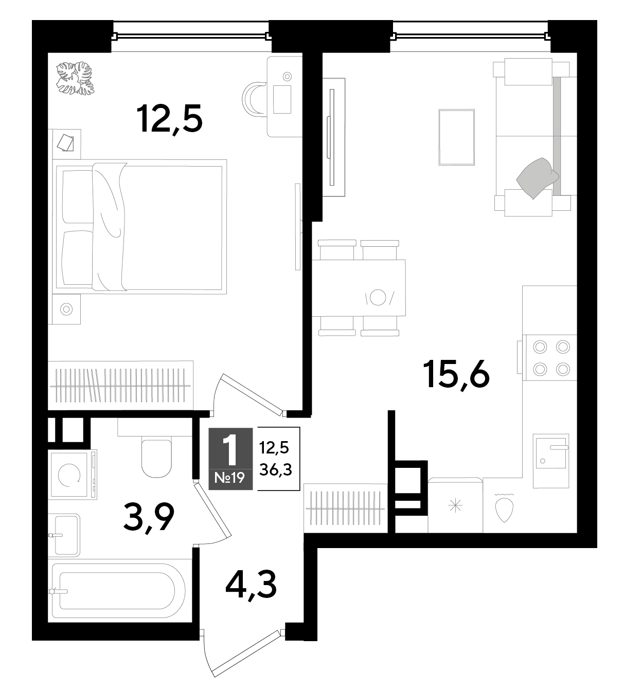 Планировка 1-комнатная 36,3 м²
