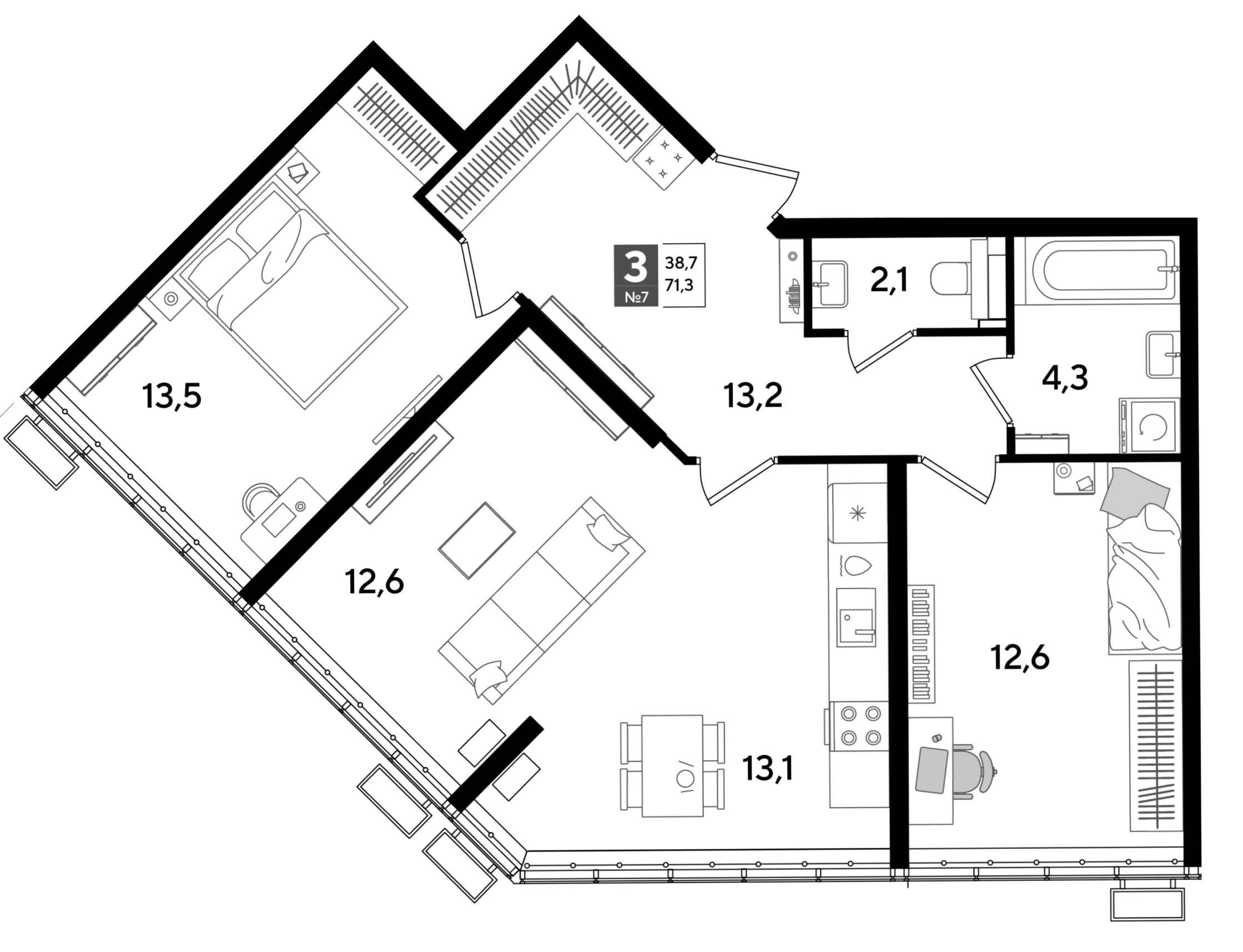 Планировка: 3-комн. квартира 71,4 м²