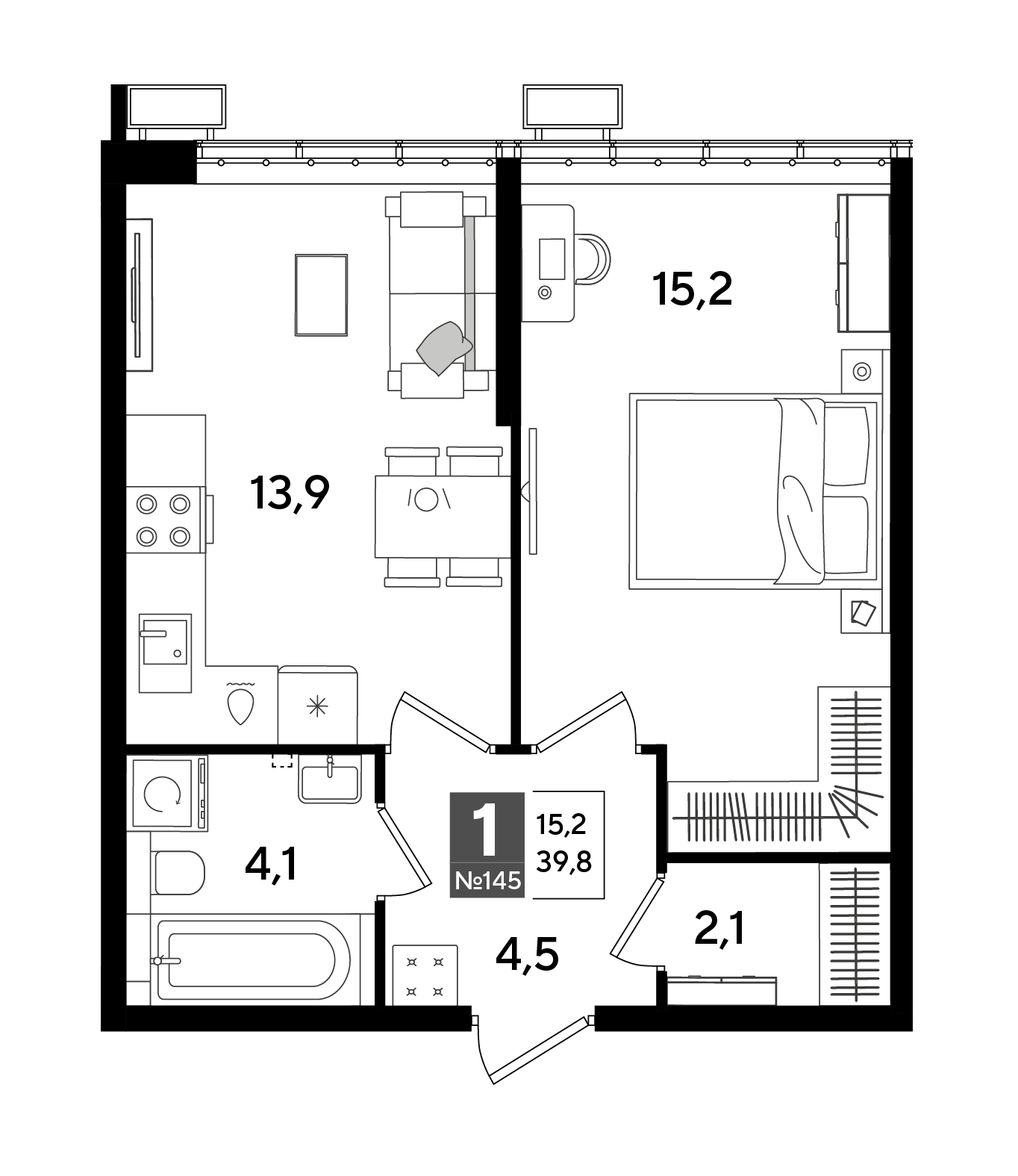 Планировка: 1-комн. квартира 39,8 м²