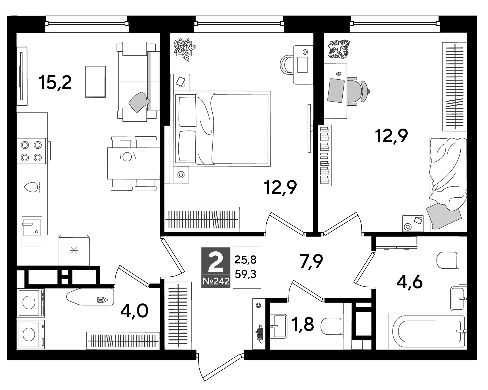 Планировка: 2-комн. квартира 59,3 м²