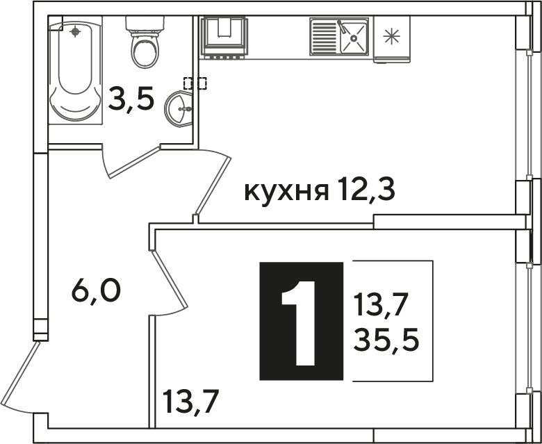 Планировка: 1-комн. квартира 35,5 м²