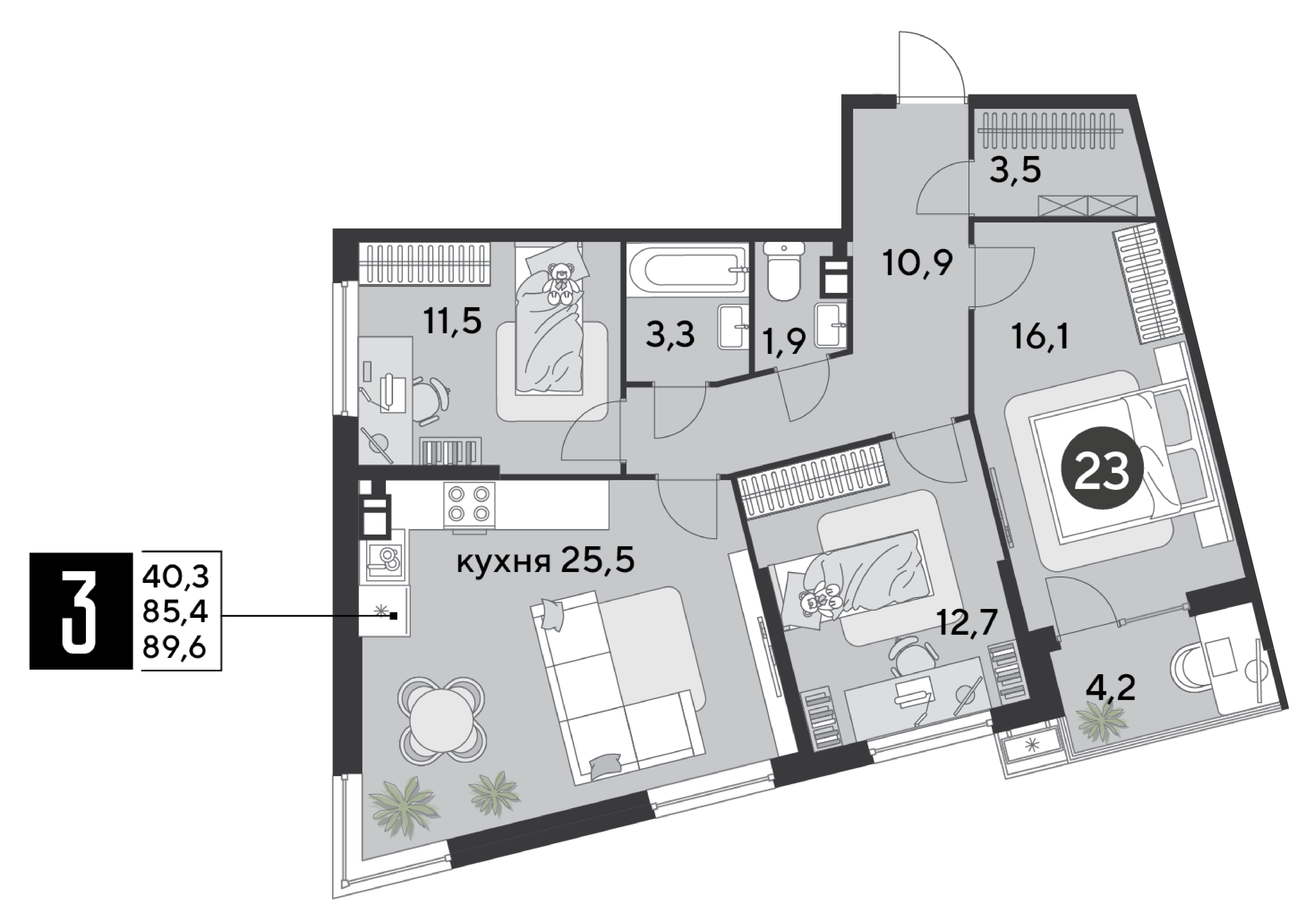 Планировка: 3-комн. квартира 89,6 м²
