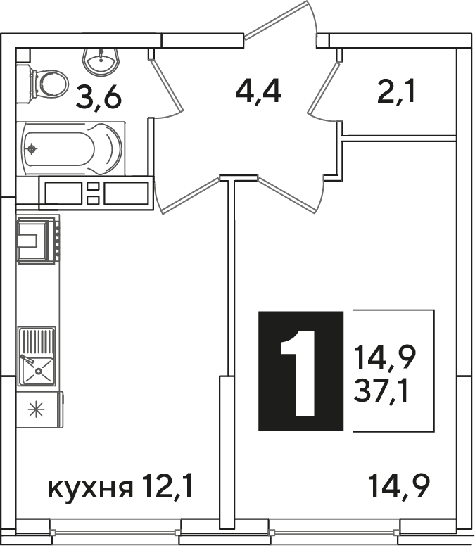 Планировка: 1-комн. квартира 37,1 м²