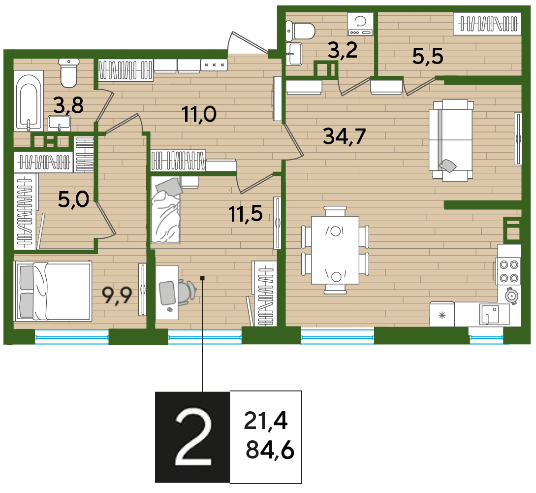 Планировка: 2-комн. квартира 84,6 м²