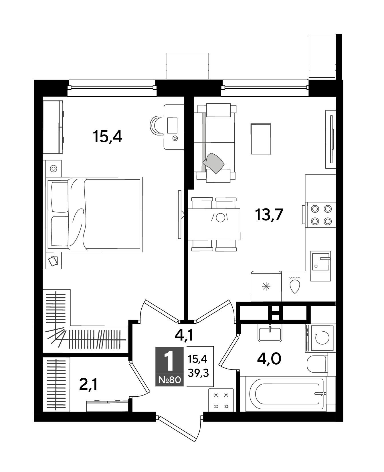 Планировка: 1-комн. квартира 39,3 м²