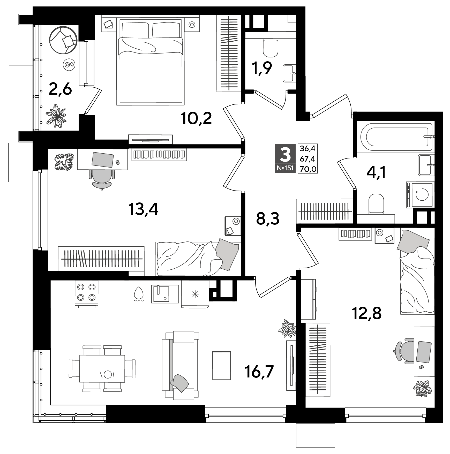 Планировка: 3-комн. квартира 70 м²