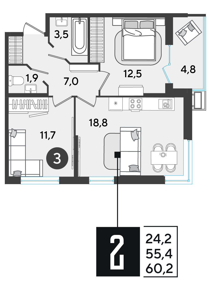 Планировка: 2-комн. квартира 60,2 м²