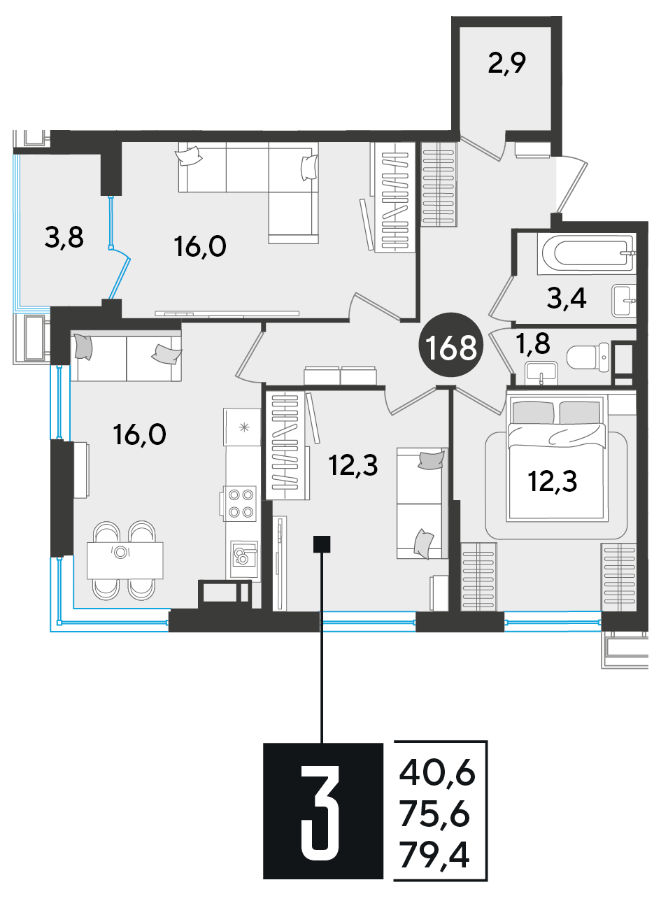 Планировка: 3-комн. квартира 79,4 м²