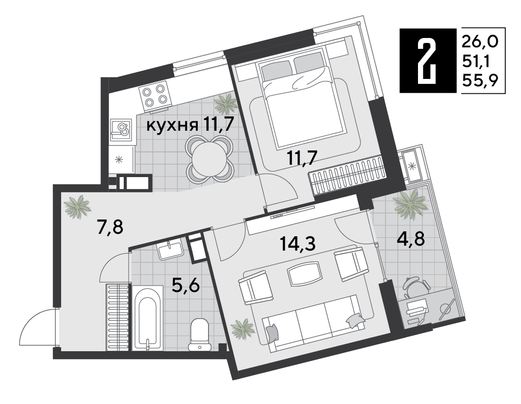 Планировка 2-комнатная 55,9 м²