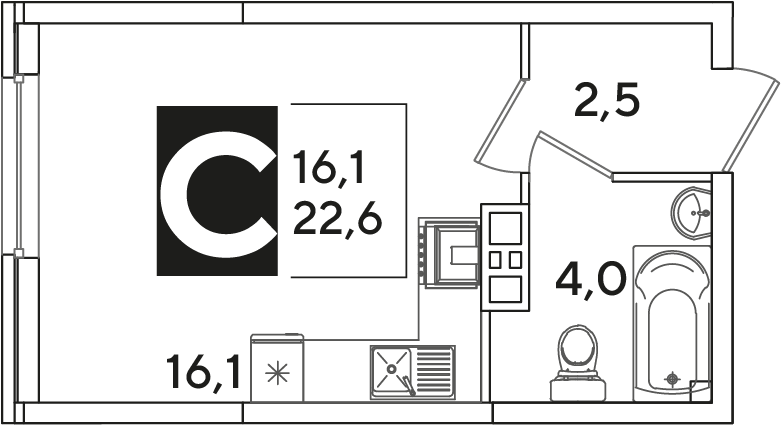 Планировка Студия 22,6 м²
