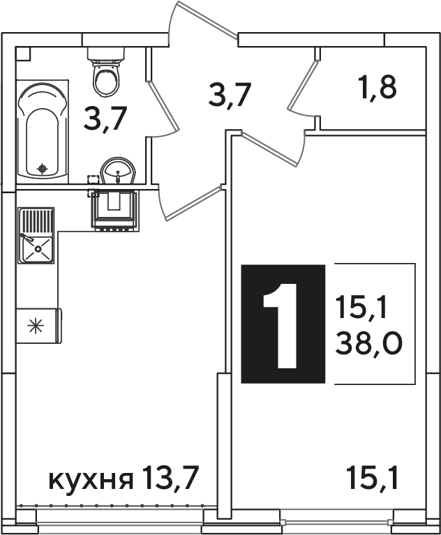 Планировка 1-комнатная 38 м²