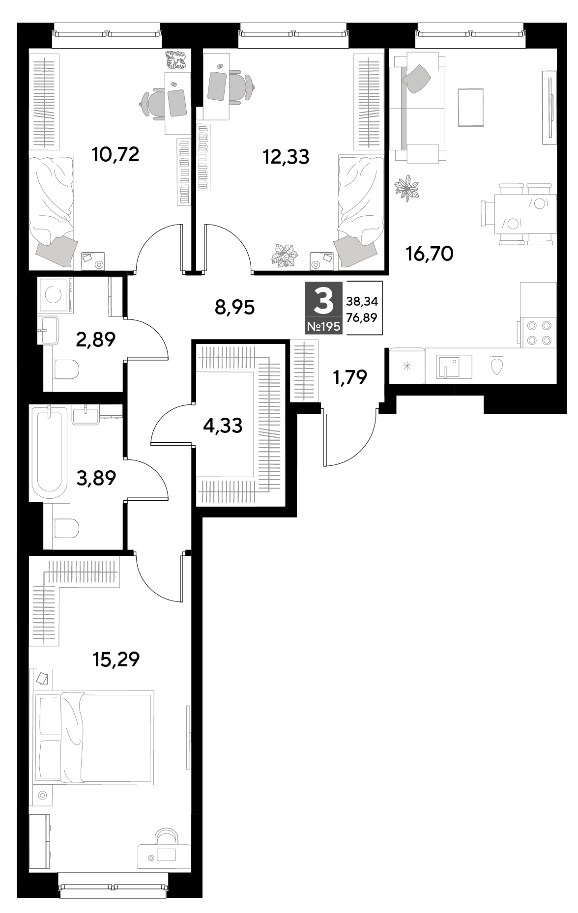 Планировка 3-комнатная 76,89 м²