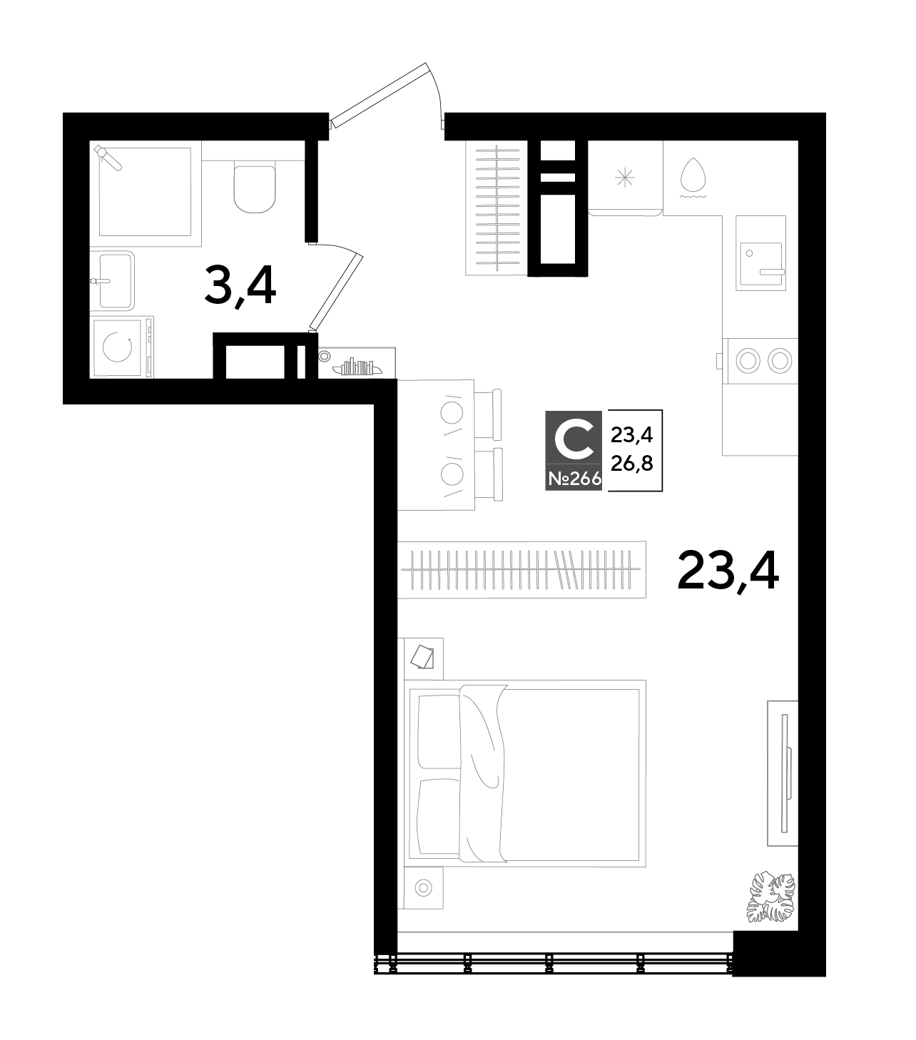 Планировка: Студия 26,8 м²