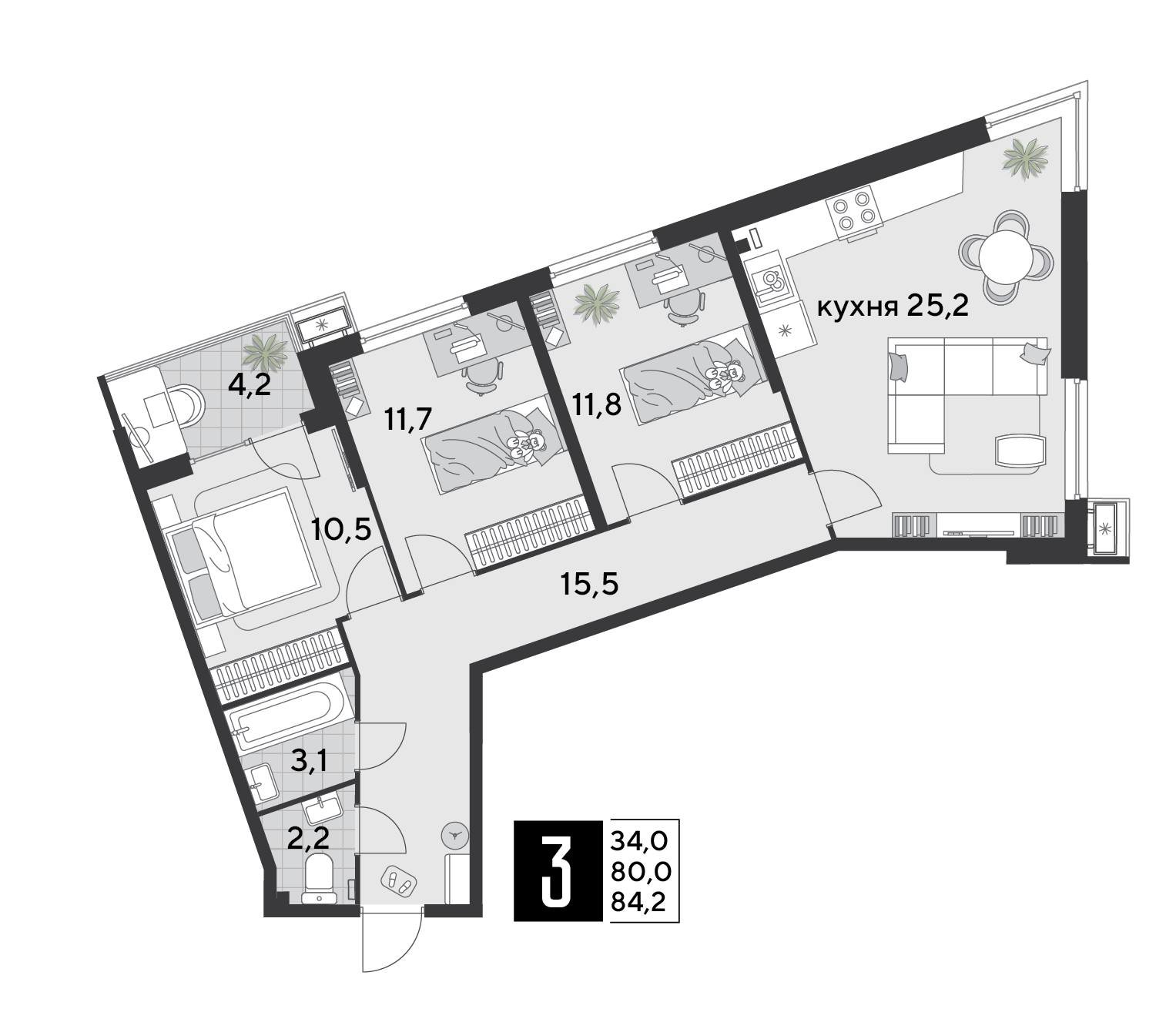 Планировка: 3-комн. квартира 84,8 м²