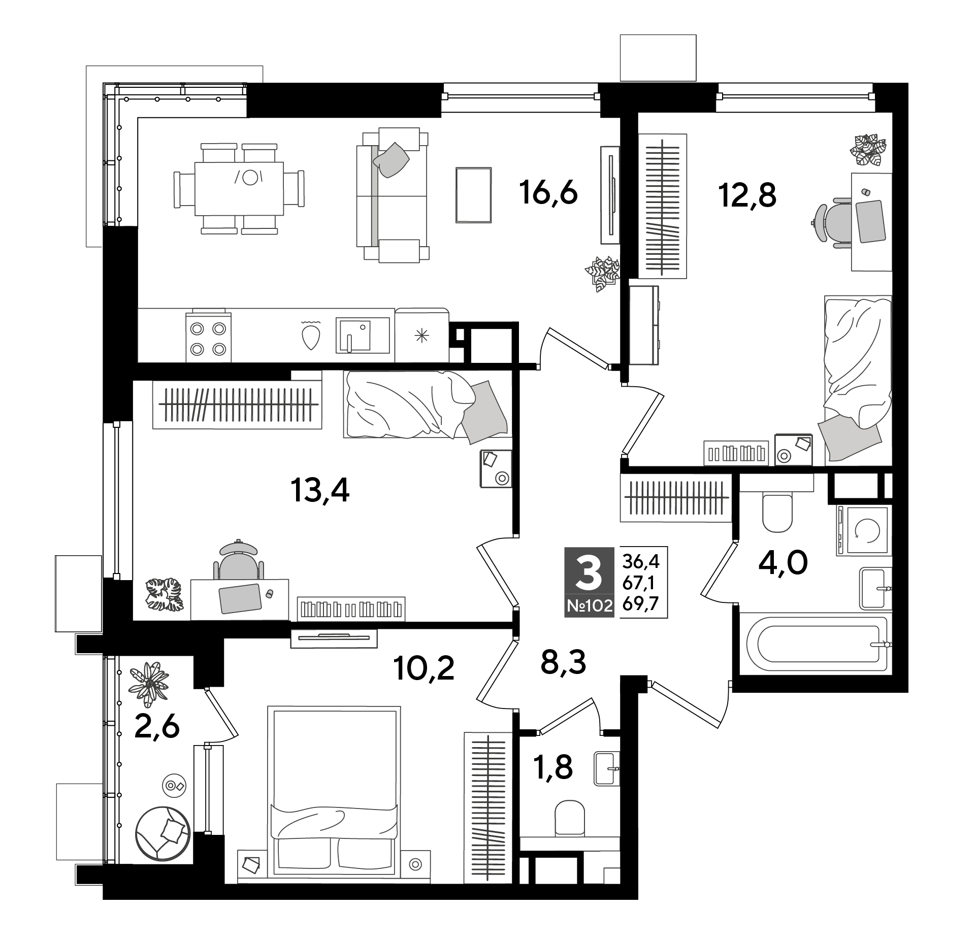 Планировка 3-комнатная 69,7 м²