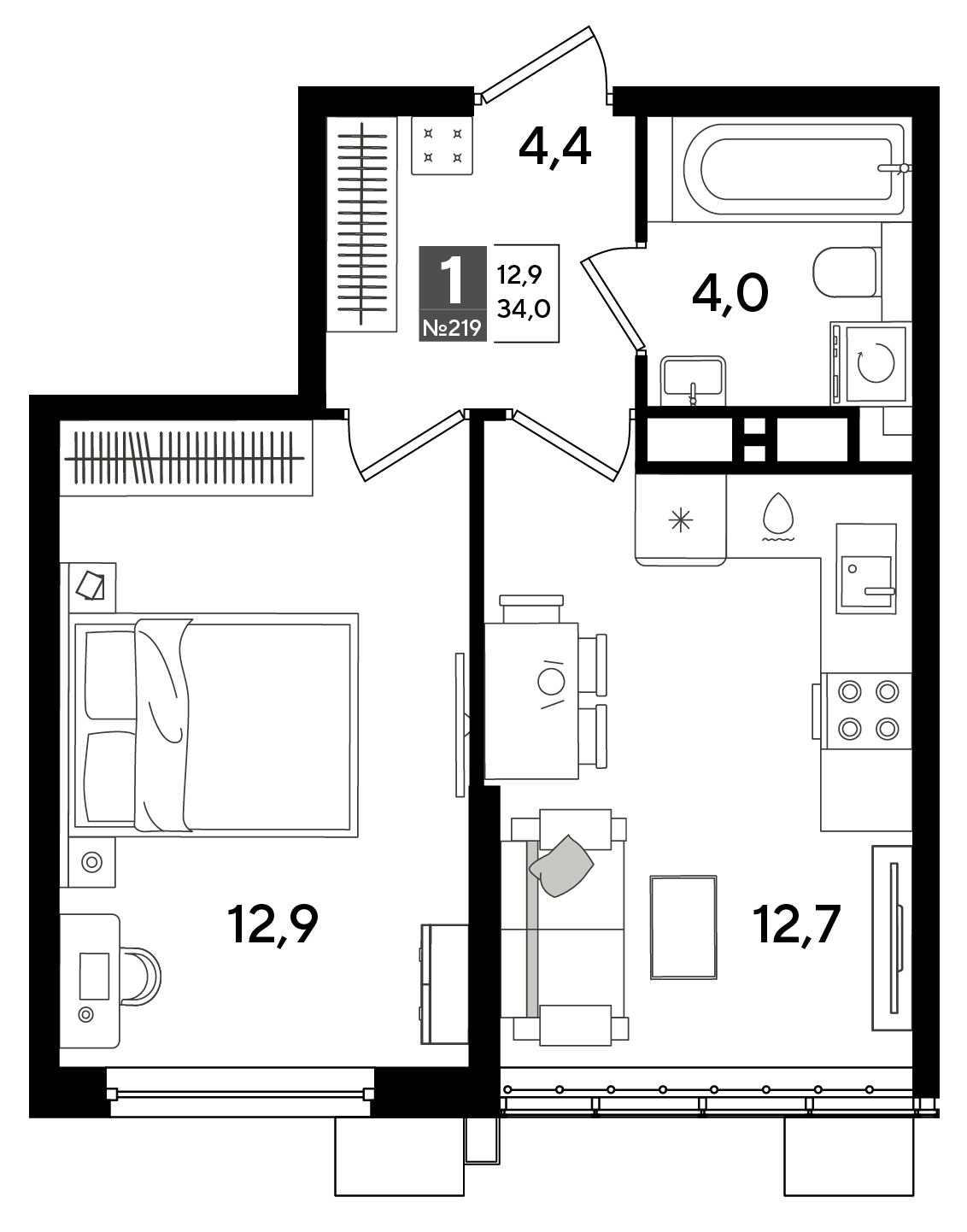 Планировка 1-комнатная 34 м²