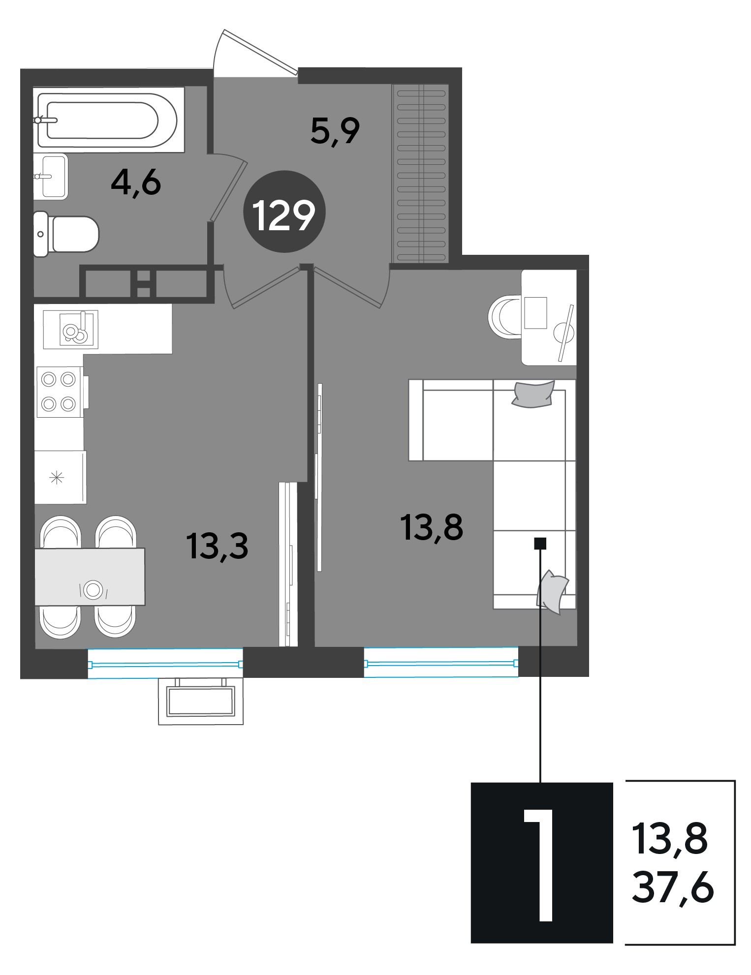 Планировка: 1-комн. квартира 37,6 м²